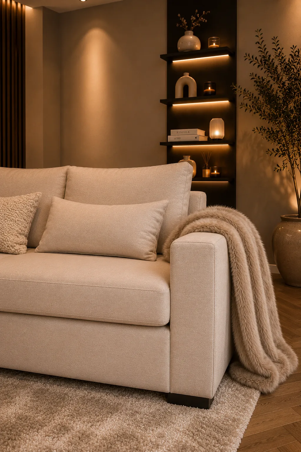 Crèmekleurige bouclé bank met verlichte vitrineschappen en een olijfboom, door Vita Living