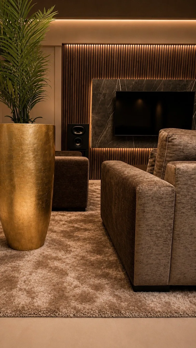 Media-lounge met gouden plantenbak, marmeren tv-wand en houten lattenwand