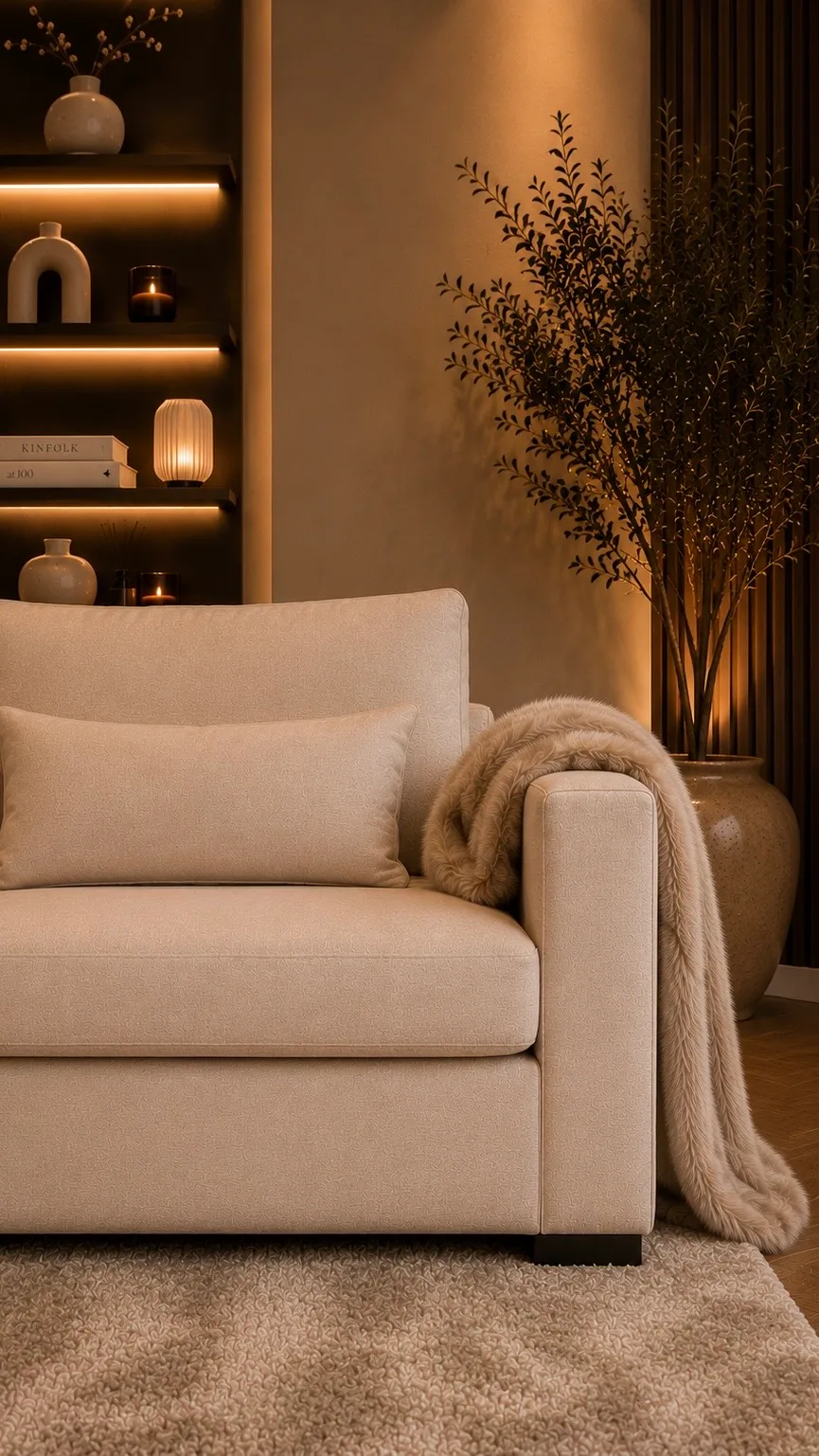 Zithoek met zachte materialen, nisverlichting en verfijnde styling